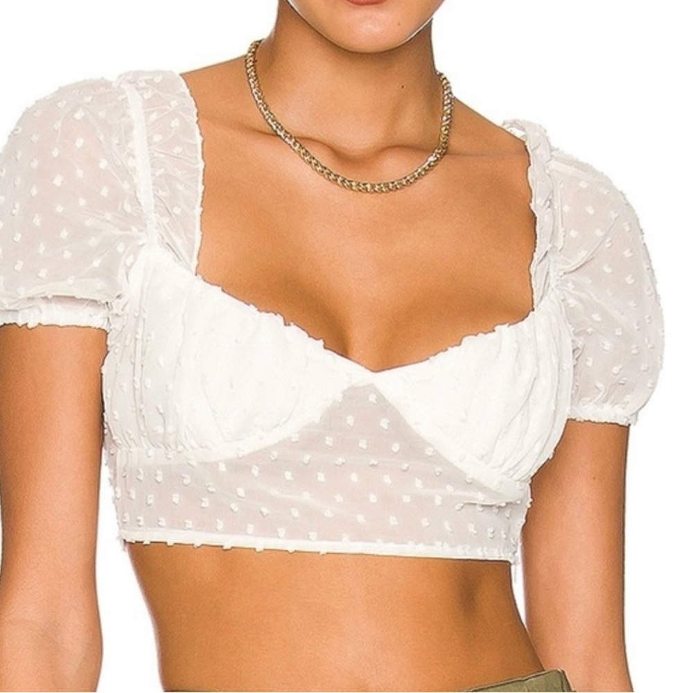 More To Come Swiss Dot Puff-Sleeve Crop Top